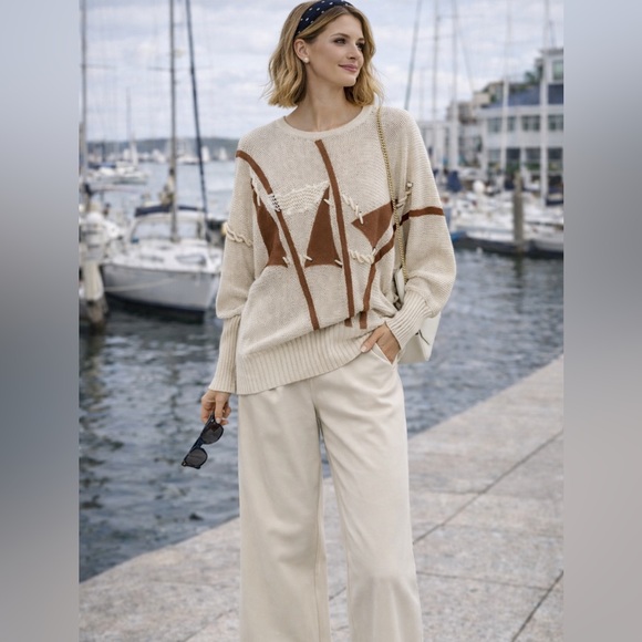 Seymour Kerman 80s Vintage Cream Sweater Small Leather Appliqué Oversized Knit